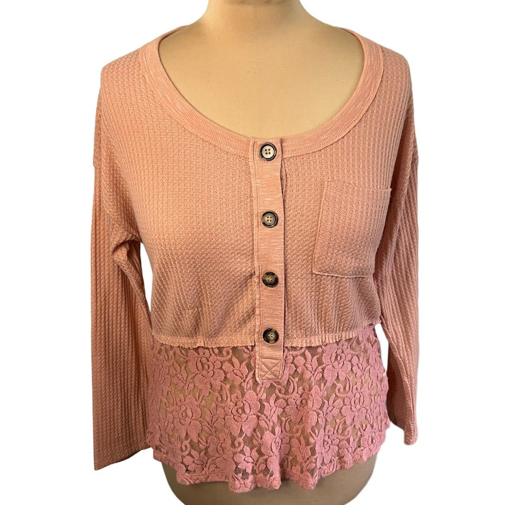 Coco & Jaimeson Pink Waffle Knit Lace Trim Top Size XL